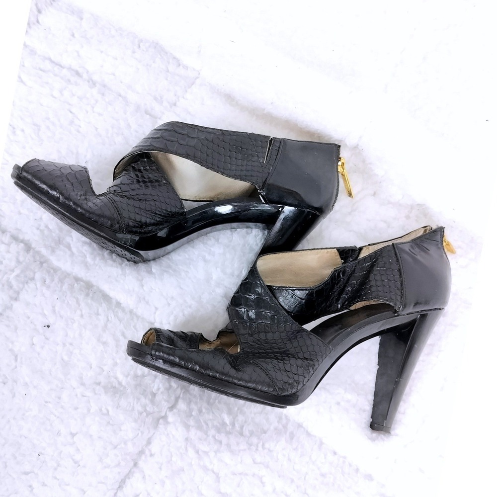 Michael Kors Snakeskin Embossed Leather Caged Peep Toe Heels Womens Black 4in